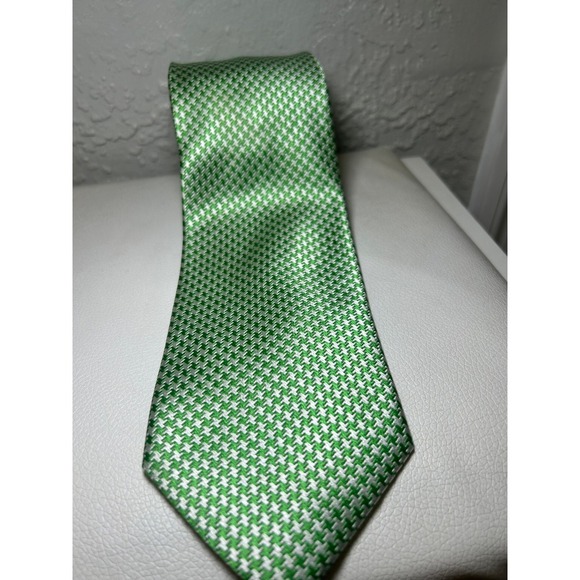 Tie Bar Green White Houndstooth Tie Silk Handmade Necktie Office Formal‎ 3.5 in - Picture 1 of 4